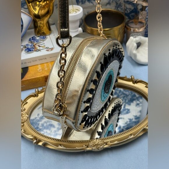 🆕 BETSEY JOHNSON 🧿 NWOT Eyes Have It, Gold Evil Eye Bead Crossbody Bag *FLAW* - Picture 3 of 16